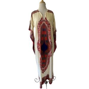 Vtg 70s Radlee Dashiki Caftan Cotton Maxi Dress Sz Med Angel Wing Sleeves Festi